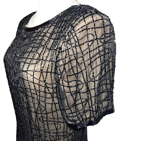 A.J. Bari Womens Dress Black Size 12 Vintage Beaded Shift Pure Silk Cocktail - Picture 7 of 16